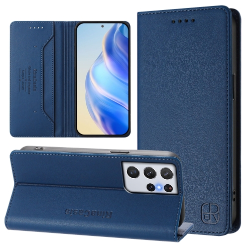 

For Samsung Galaxy S21 Ultra 5G RC01 Dual-Folded Magnetic Suction RFID Leather Phone Case(Dark Blue)