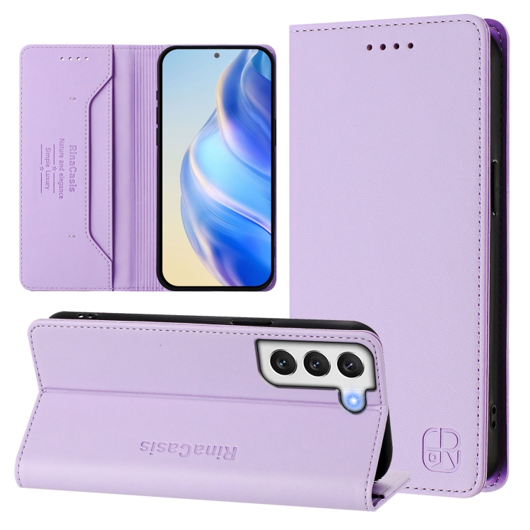 

For Samsung Galaxy S21 5G RC01 Dual-Folded Magnetic Suction RFID Leather Phone Case(Light Purple)