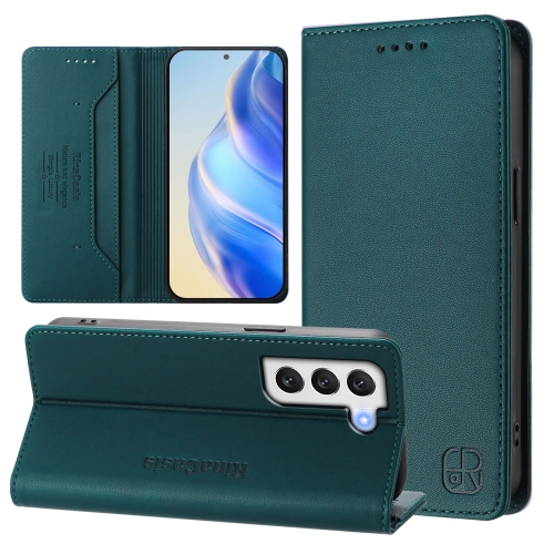 

For Samsung Galaxy S21 5G RC01 Dual-Folded Magnetic Suction RFID Leather Phone Case(Dark Green)