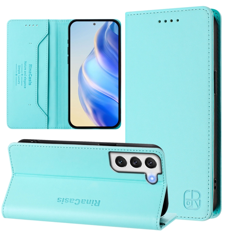 

For Samsung Galaxy S21 FE 5G RC01 Dual-Folded Magnetic Suction RFID Leather Phone Case(Mint Green)