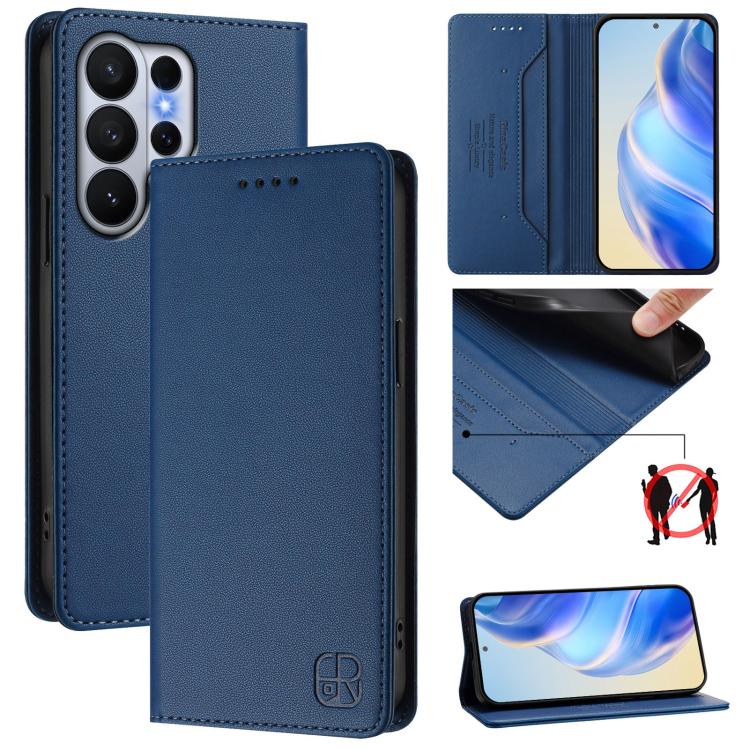 

For Samsung Galaxy S26 Ultra 5G RC01 Dual-Folded Magnetic Suction RFID Leather Phone Case(Dark Blue)