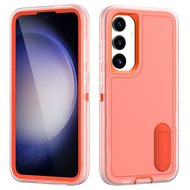 

For Samsung Galaxy S24 / S25 5G Rugged PC Hybrid Silicone Phone Case with Holder(Transparent+Orange)