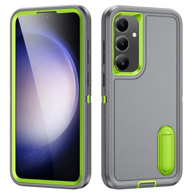 

For Samsung Galaxy S24+ / S25+ 5G Rugged PC Hybrid Silicone Phone Case with Holder(Grey+Fresh Green)