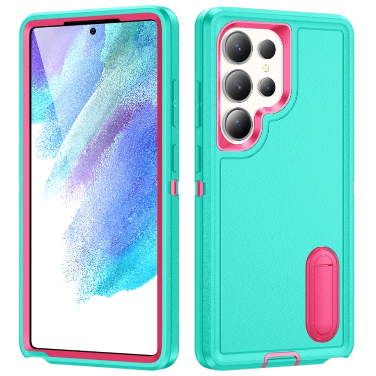 

For Samsung Galaxy S25 Ultra 5G Rugged PC Hybrid Silicone Phone Case with Holder(Light Green+Rose Red)
