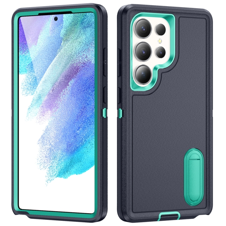 

For Samsung Galaxy S25 Ultra 5G Rugged PC Hybrid Silicone Phone Case with Holder(Dark Blue+Light Green)