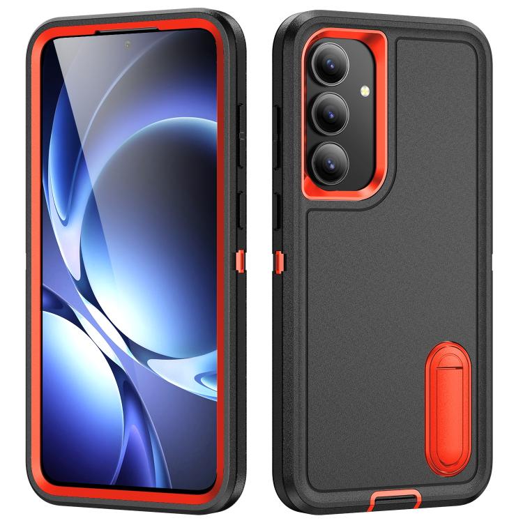 

For Samsung Galaxy S25 FE 5G Rugged PC Hybrid Silicone Phone Case with Holder(Black+Orange)