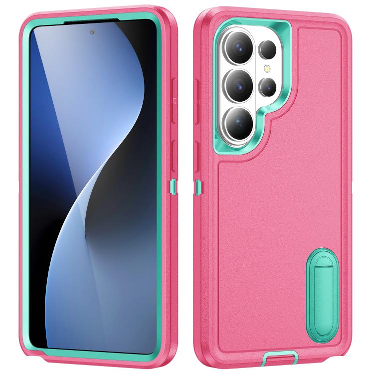 

For Samsung Galaxy S26 Ultra 5G Rugged PC Hybrid Silicone Phone Case with Holder(Rose Red+Light Green)