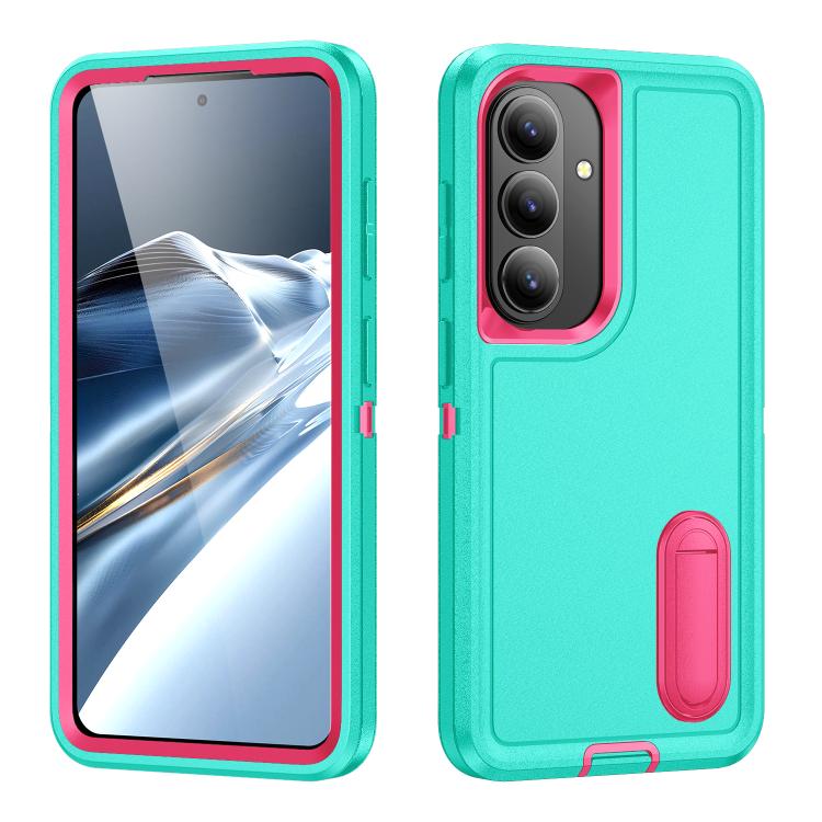 

For Samsung Galaxy S26 5G Rugged PC Hybrid Silicone Phone Case with Holder(Light Green+Rose Red)