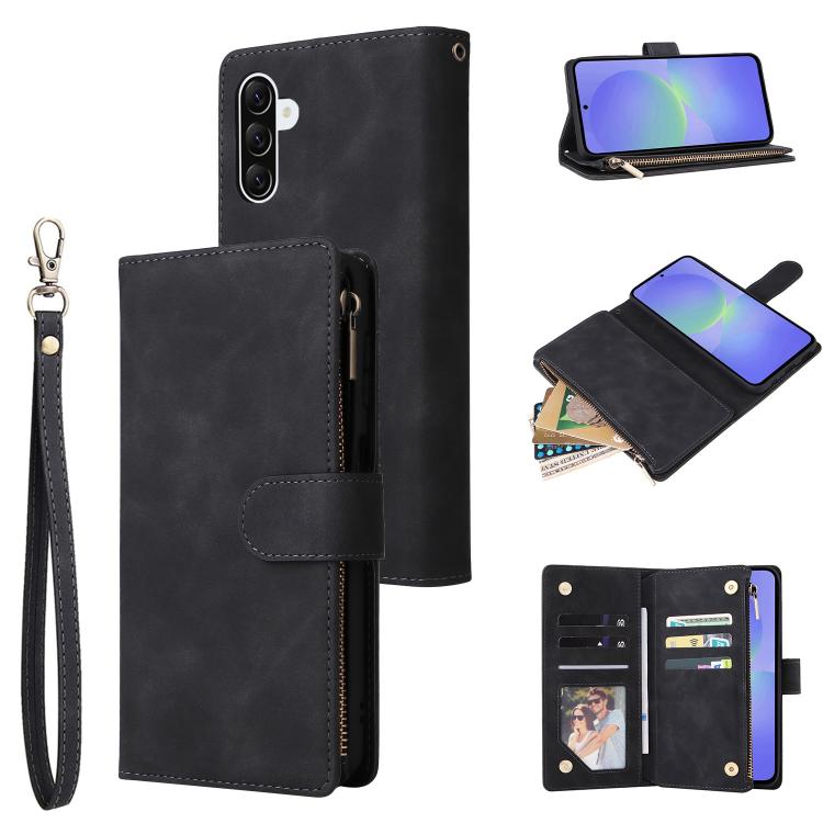 

For Samsung Galaxy A57 5G Multifunctional Frosted Zipper Wallet Leather Phone Case(Black)