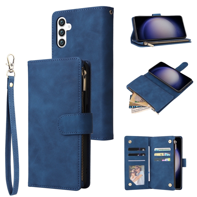 

For Samsung Galaxy S25 5G Multifunctional Frosted Zipper Wallet Leather Phone Case(Blue)