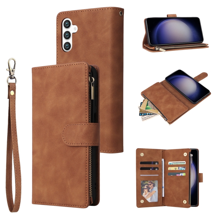 

For Samsung Galaxy S25 5G Multifunctional Frosted Zipper Wallet Leather Phone Case(Brown)