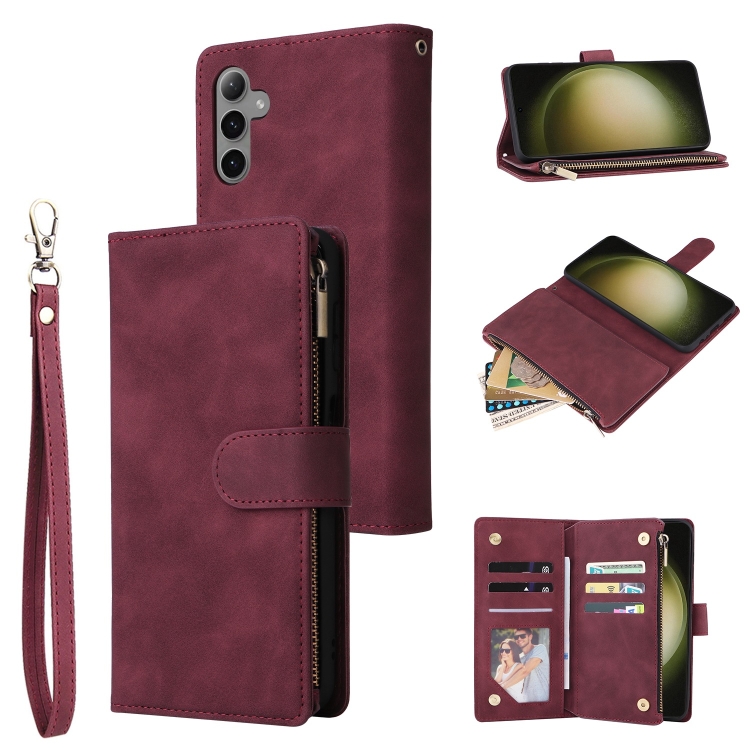 

For Samsung Galaxy S25+ 5G Multifunctional Frosted Zipper Wallet Leather Phone Case(Wine Red)