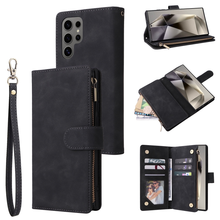 

For Samsung Galaxy S25 Ultra 5G Multifunctional Frosted Zipper Wallet Leather Phone Case(Black)