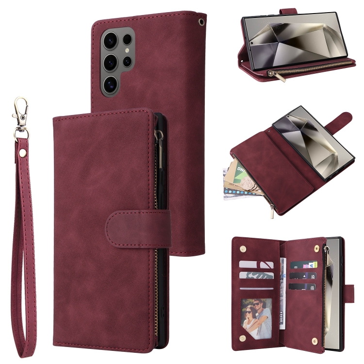 

For Samsung Galaxy S25 Ultra 5G Multifunctional Frosted Zipper Wallet Leather Phone Case(Wine Red)