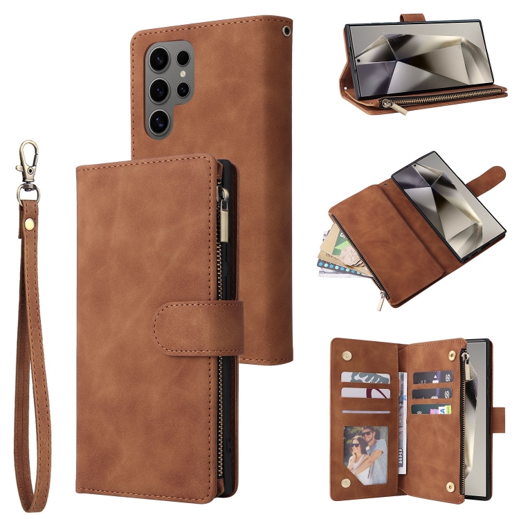 

For Samsung Galaxy S25 Ultra 5G Multifunctional Frosted Zipper Wallet Leather Phone Case(Brown)