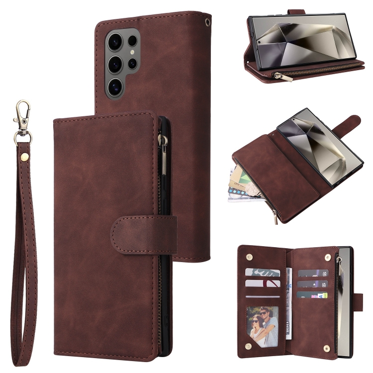 

For Samsung Galaxy S25 Ultra 5G Multifunctional Frosted Zipper Wallet Leather Phone Case(Coffee)