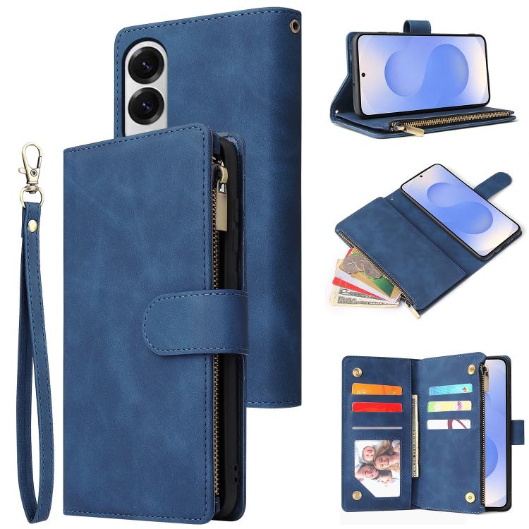 

For Samsung Galaxy S25 Edge 5G Multifunctional Frosted Zipper Wallet Leather Phone Case(Blue)