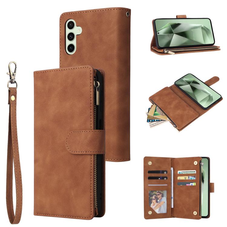 

For Samsung Galaxy S24 FE 5G Multifunctional Frosted Zipper Wallet Leather Phone Case(Brown)