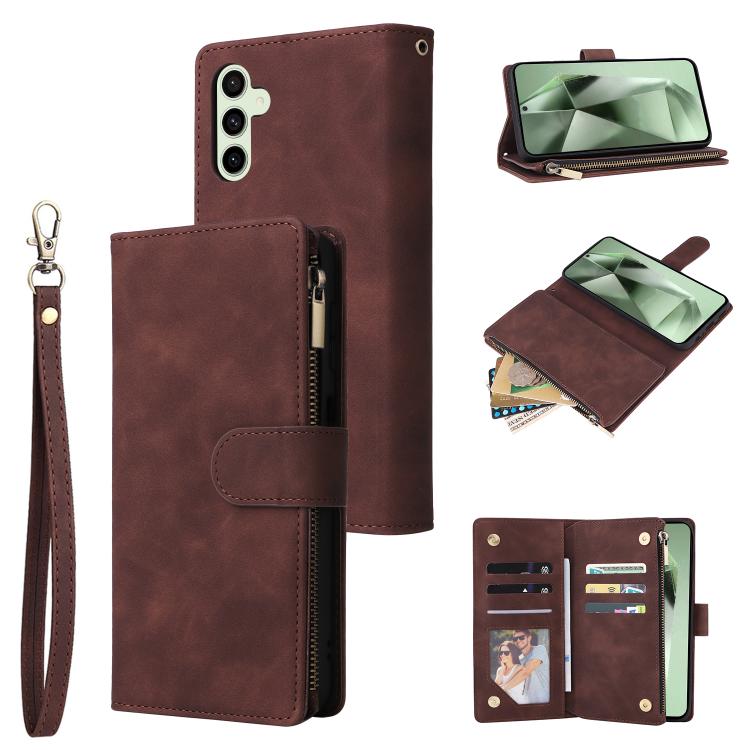

For Samsung Galaxy S24 FE 5G Multifunctional Frosted Zipper Wallet Leather Phone Case(Coffee)