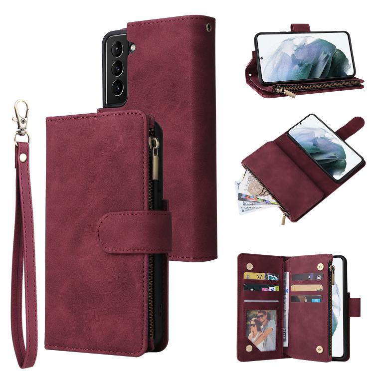 

For Samsung Galaxy S22+ 5G Multifunctional Frosted Zipper Wallet Leather Phone Case(Wine Red)