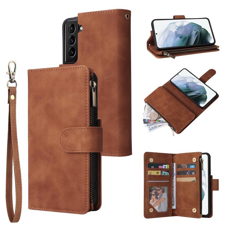 

For Samsung Galaxy S22+ 5G Multifunctional Frosted Zipper Wallet Leather Phone Case(Brown)
