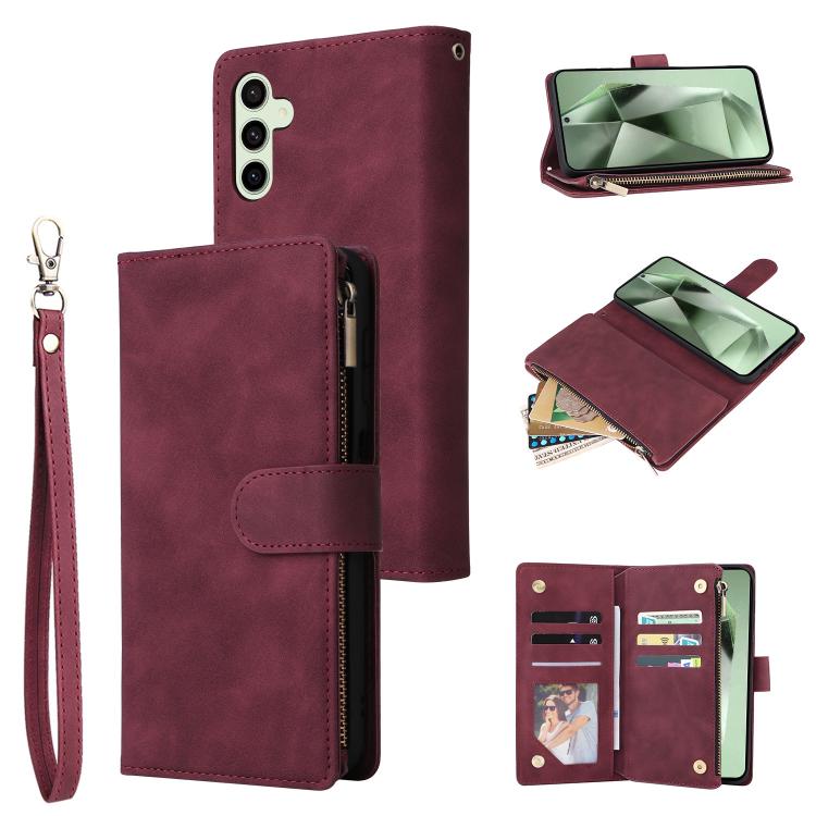 

For Samsung Galaxy S25 FE 5G Multifunctional Frosted Zipper Wallet Leather Phone Case(Wine Red)