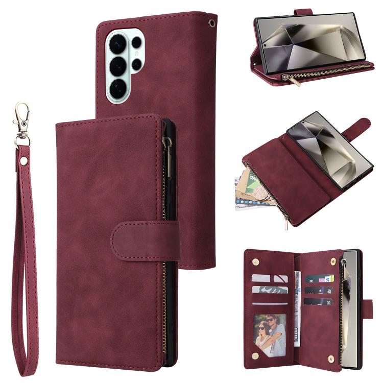 

For Samsung Galaxy S26 Ultra 5G Multifunctional Frosted Zipper Wallet Leather Phone Case(Wine Red)