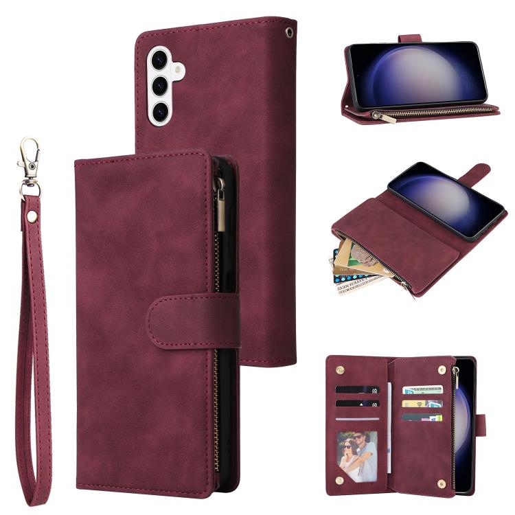 

For Galaxy S26+ 5G Multifunctional Frosted Zipper Wallet Leather Phone Case(Wine Red)