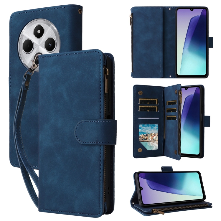 

For Redmi 14C 4G Multifunctional Frosted Zipper Wallet Leather Phone Case(Blue)