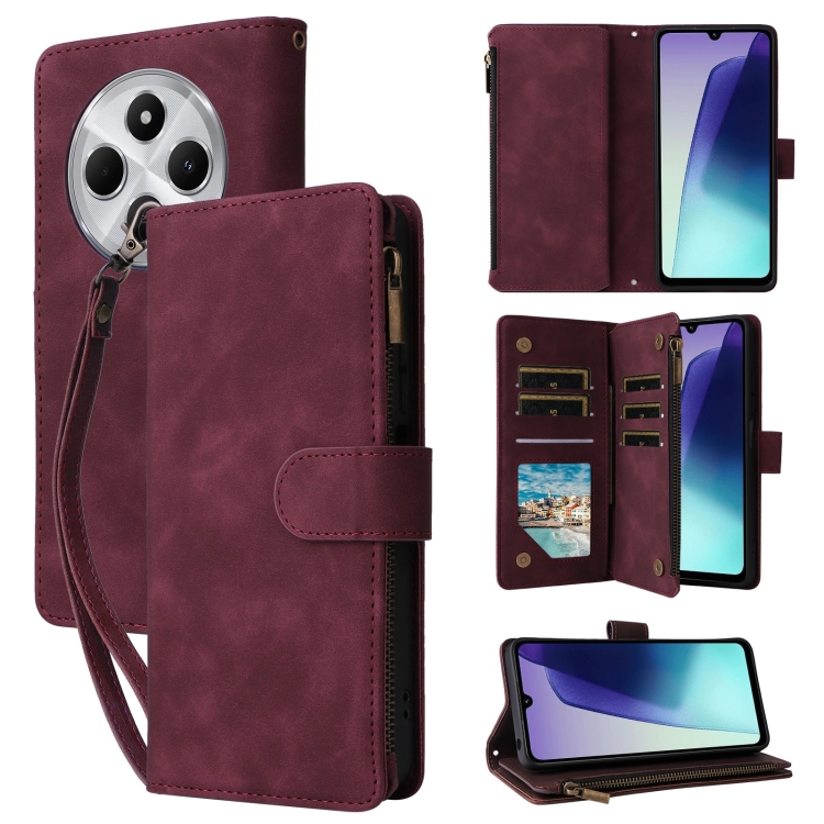 

For Redmi 14C 4G / 14R 5G / Poco C75 4G Multifunctional Frosted Zipper Wallet Leather Phone Case(Wine Red)