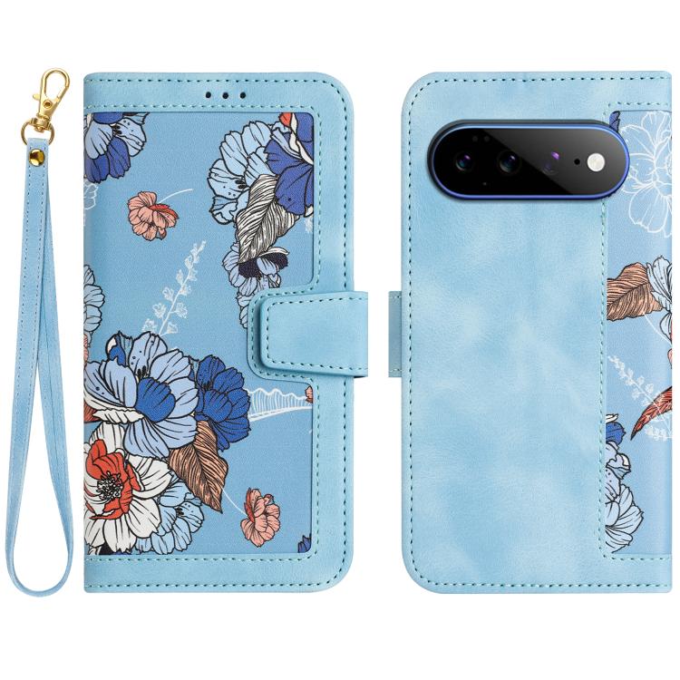 

For Google Pixel 11 Pro XL Floral Pattern Leather Phone Case with Lanyard(Light Blue)