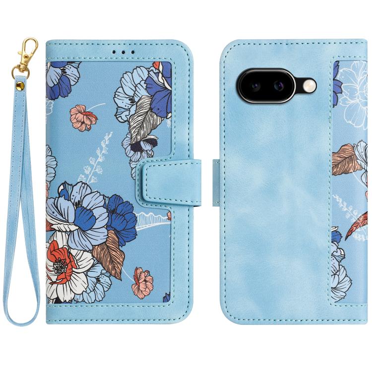 For Google Pixel 11a Floral Pattern Leather Phone Case with Lanyard(Light Blue)