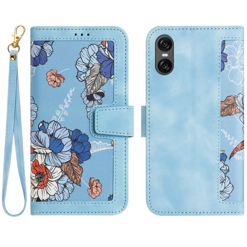 

For Sony Xperia 10 VI Floral Pattern Leather Phone Case with Lanyard(Light Blue)