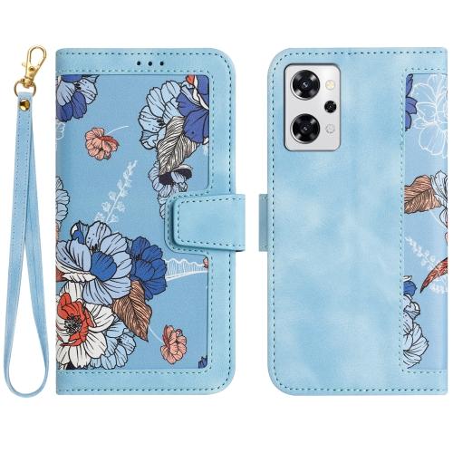 

For OPPO Reno9 A Floral Pattern Leather Phone Case with Lanyard(Light Blue)