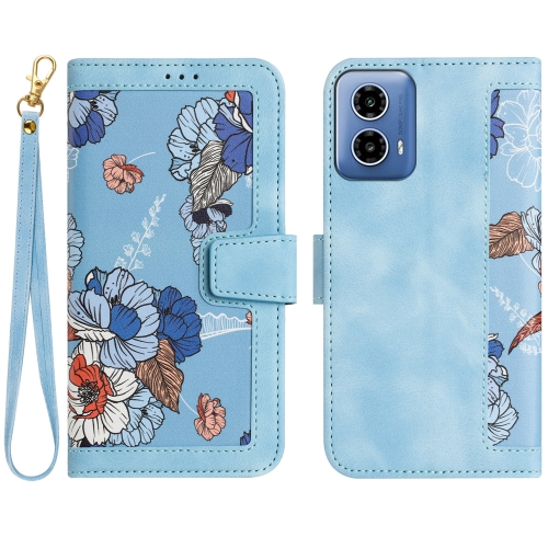 

For Motorola Moto G 5G 2024 Floral Pattern Leather Phone Case with Lanyard(Light Blue)