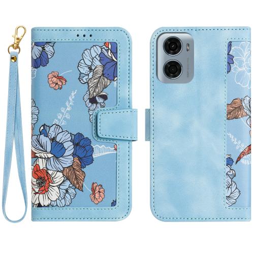 

For Motorola Moto G05 Floral Pattern Leather Phone Case with Lanyard(Light Blue)