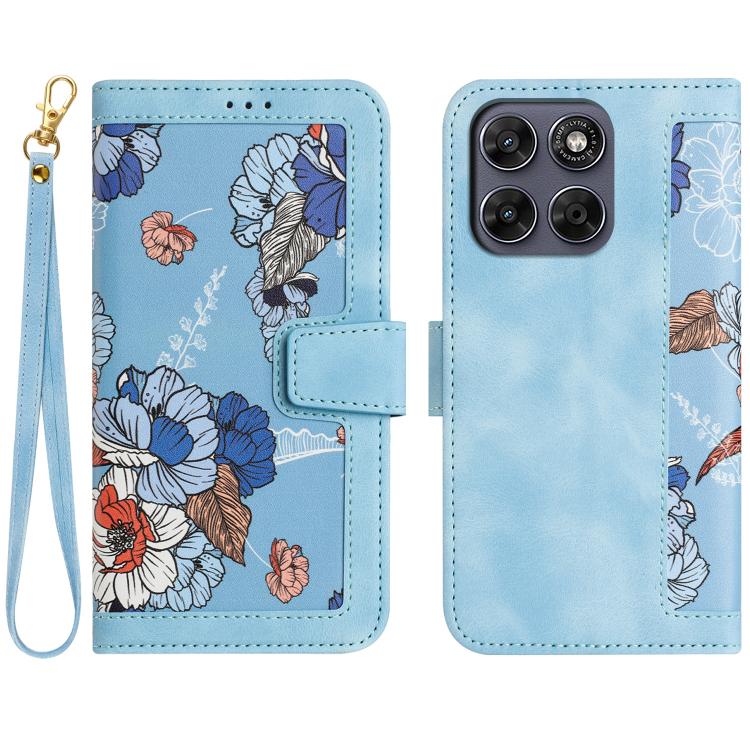 

For Motorola Moto G67 / G77 5G Floral Pattern Leather Phone Case with Lanyard(Light Blue)