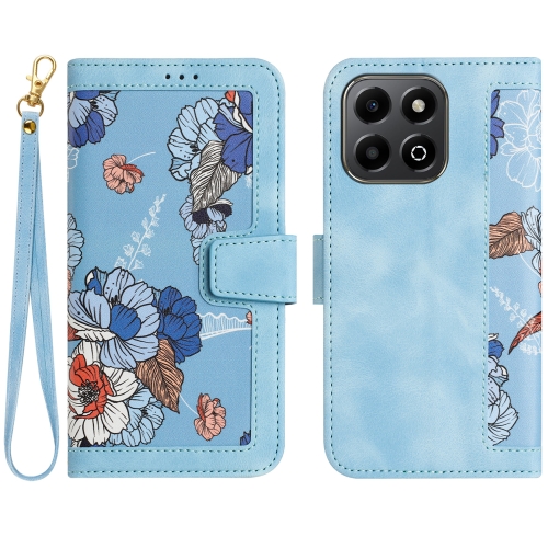 

For Honor X6b Floral Pattern Leather Phone Case with Lanyard(Light Blue)