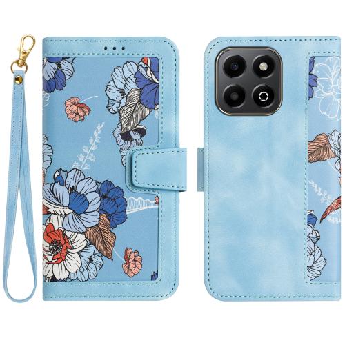 

For Honor 200 Smart Floral Pattern Leather Phone Case with Lanyard(Light Blue)