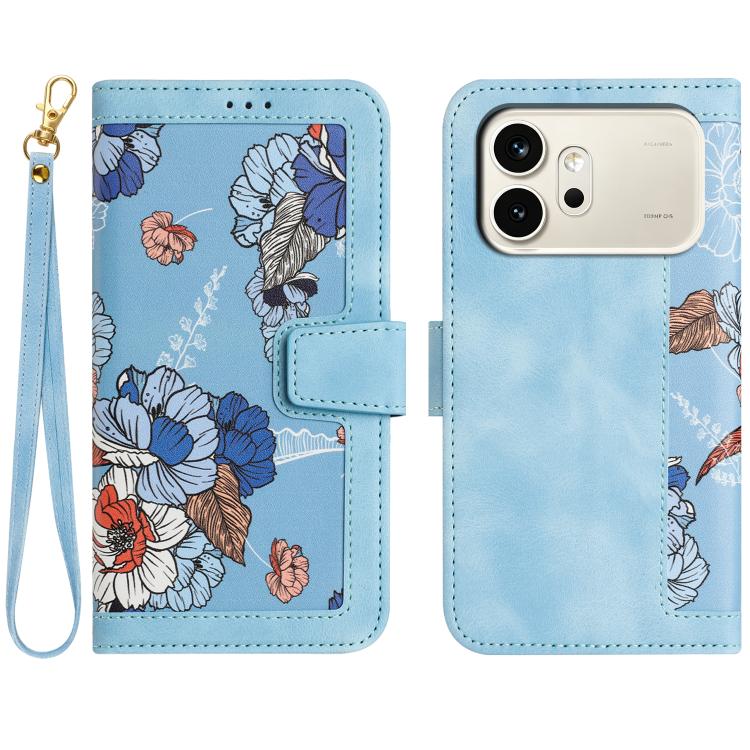 

For Honor 600 Global Floral Pattern Leather Phone Case with Lanyard(Light Blue)