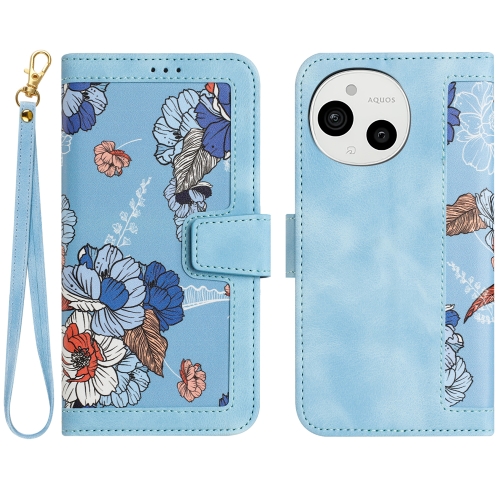 

For Sharp Aquos Sense9 Floral Pattern Leather Phone Case with Lanyard(Light Blue)