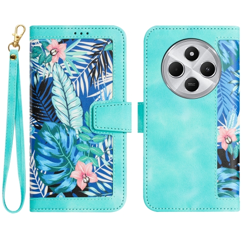 

For Redmi 14C 4G Floral Pattern Leather Phone Case with Lanyard(Green)