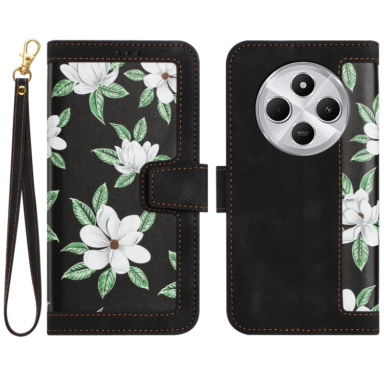

For Redmi 14C 4G Floral Pattern Leather Phone Case with Lanyard(Black)