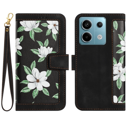 

For Redmi Note 13 Pro 5G Floral Pattern Leather Phone Case with Lanyard(Black)