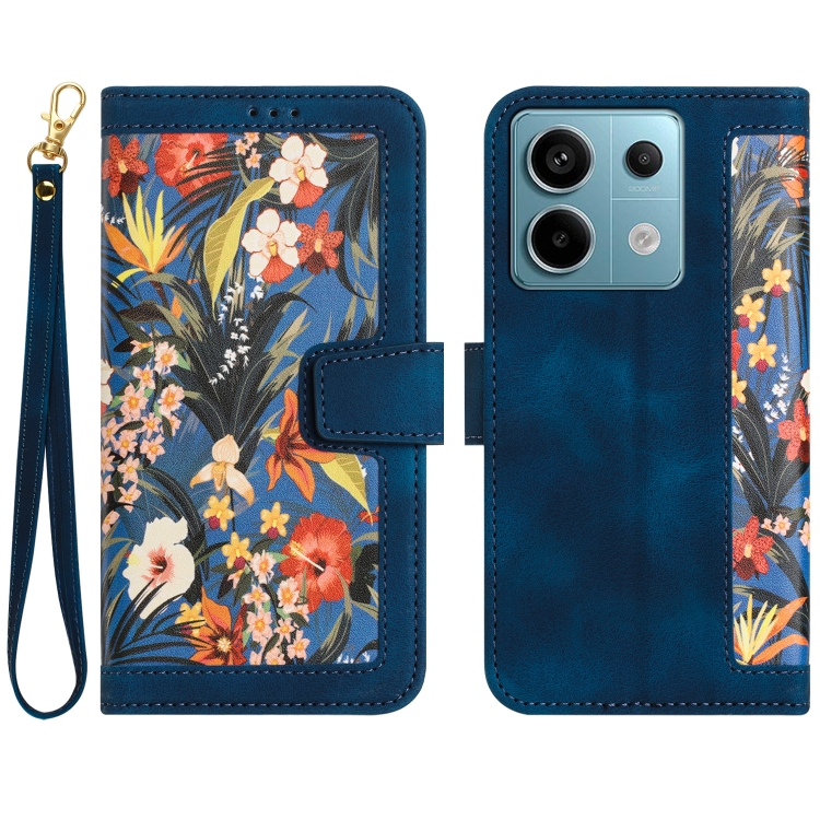 

For Redmi Note 13 Pro 5G Floral Pattern Leather Phone Case with Lanyard(Dark Blue)