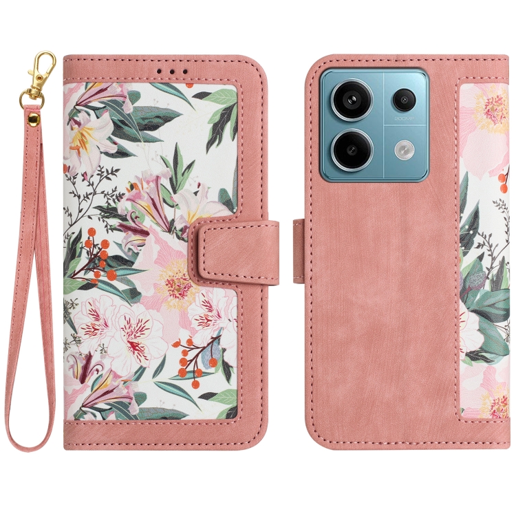 

For Redmi Note 13 5G Floral Pattern Leather Phone Case with Lanyard(Pink)