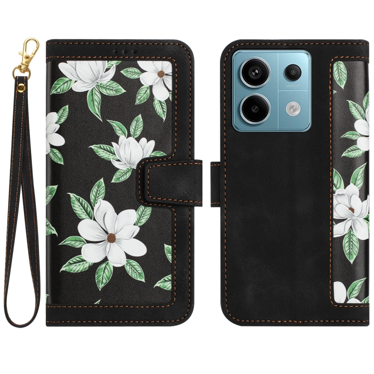 

For Redmi Note 13 5G Floral Pattern Leather Phone Case with Lanyard(Black)