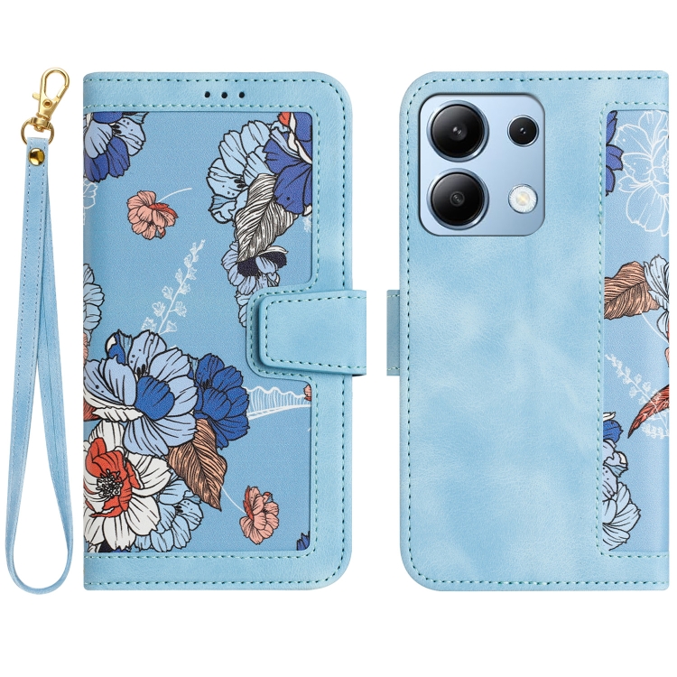 

For Redmi Note 13 4G Floral Pattern Leather Phone Case with Lanyard(Light Blue)