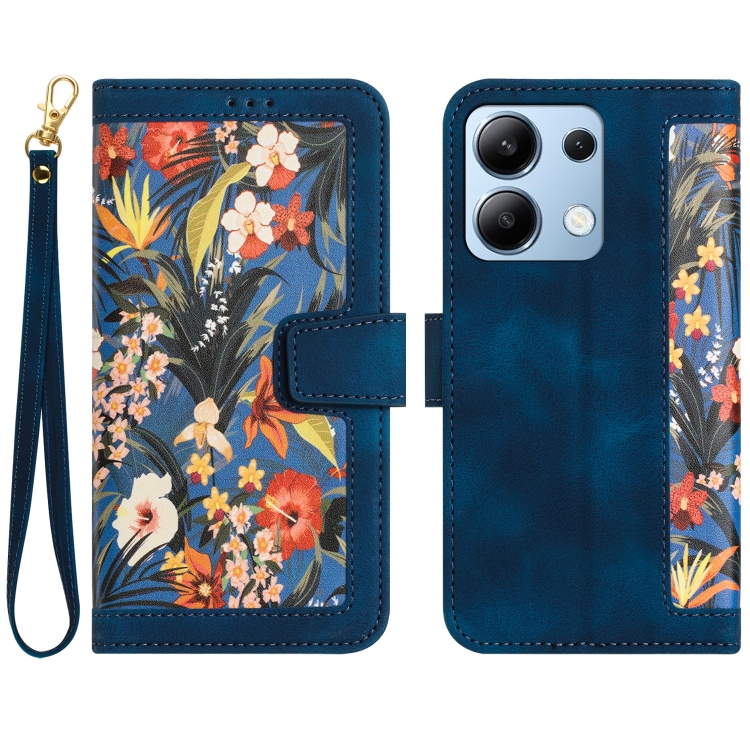 

For Redmi Note 13 4G Floral Pattern Leather Phone Case with Lanyard(Dark Blue)