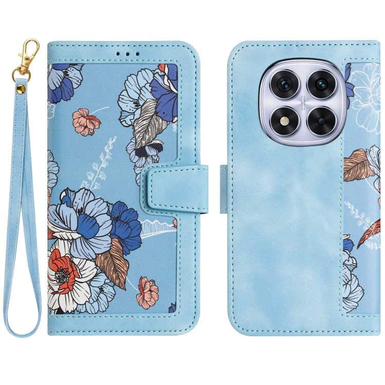 

For Redmi Note 14 Pro 5G Floral Pattern Leather Phone Case with Lanyard(Light Blue)